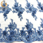 tela africana azul hecha a mano del cordón de la tela del cordón del diamante artificial del bordado 3D