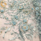 Tela azul del cordón de la flor 3D del poliéster del 20% para el vestido de noche